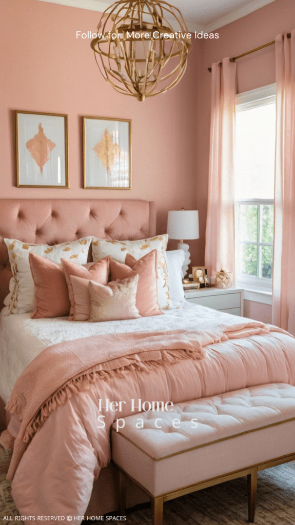 A cozy bedroom with blush pink walls, accented with white and gold decor, showcasing the power of color in personalizing a space.