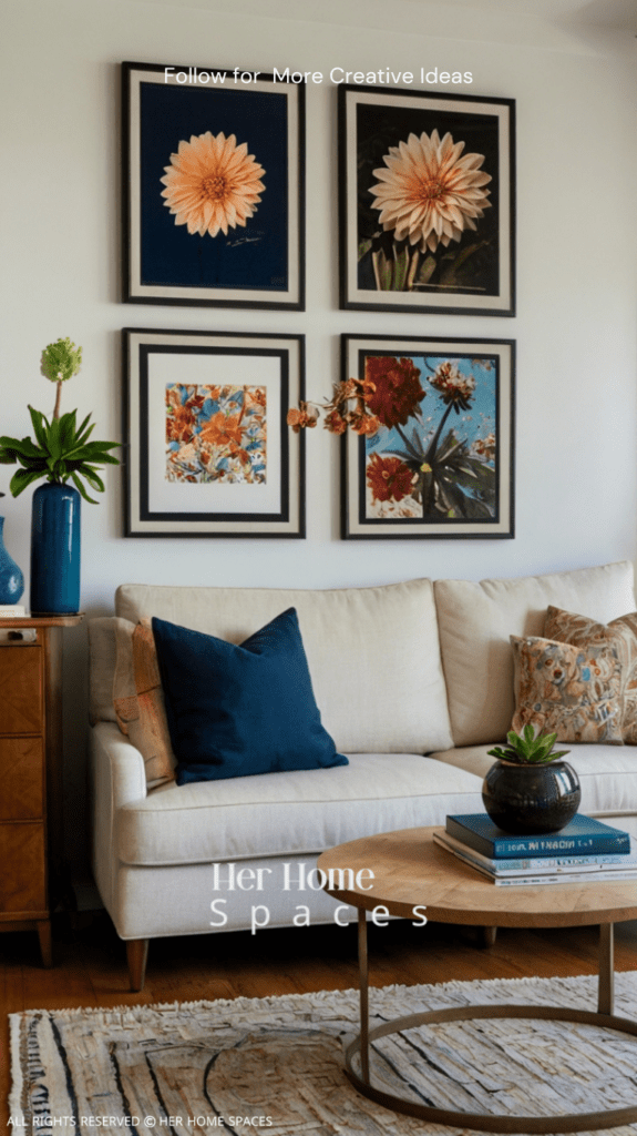  A living room with a gallery wall featuring a mix of personal photos, artwork, and travel souvenirs, creates a space that feels uniquely personal.