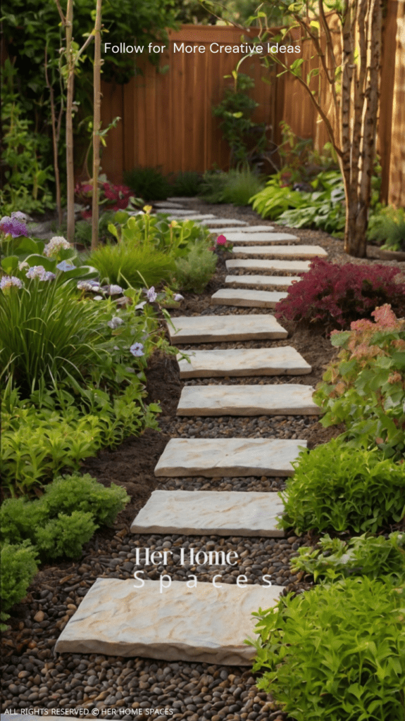  garden pathways with various materials and plantings.