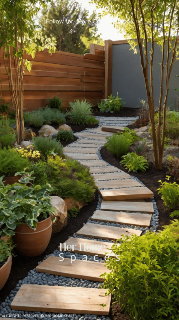 garden pathways with various materials and plantings.