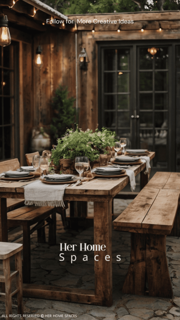 Rustic outdoor dining setups.