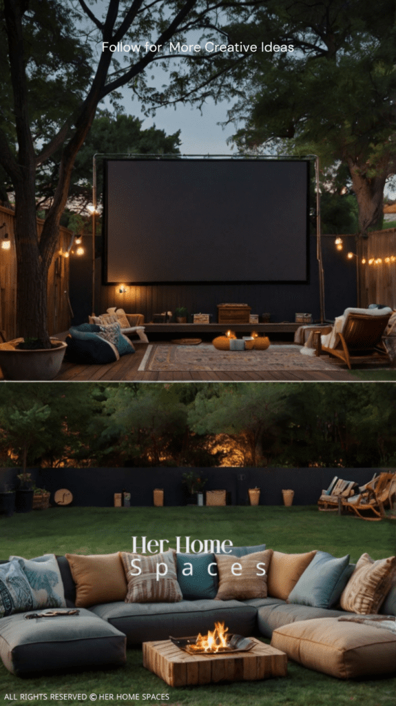 Examples of backyard movie theaters, including seating and screen setups.