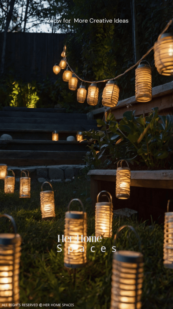 Show different backyard lighting options, like string lights or lanterns.