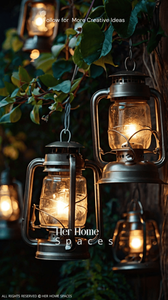 Show different backyard lighting options, like string lights or lanterns.