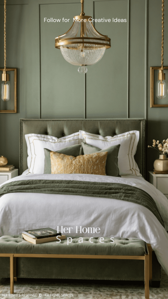 A bedroom with sage green walls, gold light fixtures, and a white linen bedspread for a fresh yet elegant look.