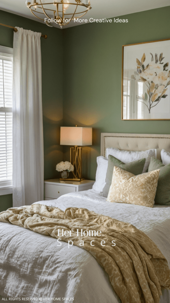 A bedroom with sage green walls, gold light fixtures, and a white linen bedspread for a fresh yet elegant look. Earthy Tones Color Theory