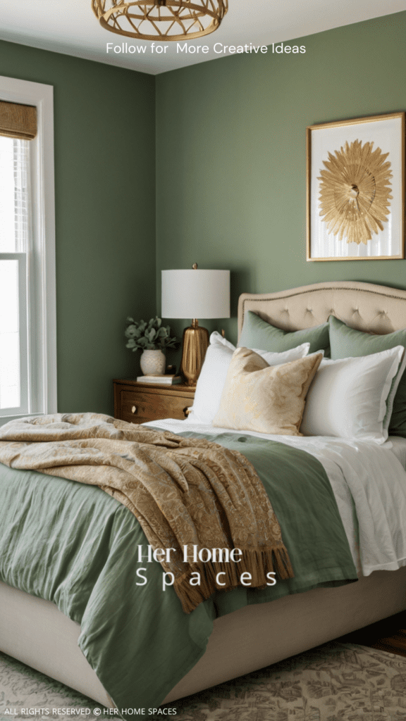 A bedroom with sage green walls, gold light fixtures, and a white linen bedspread for a fresh yet elegant look.