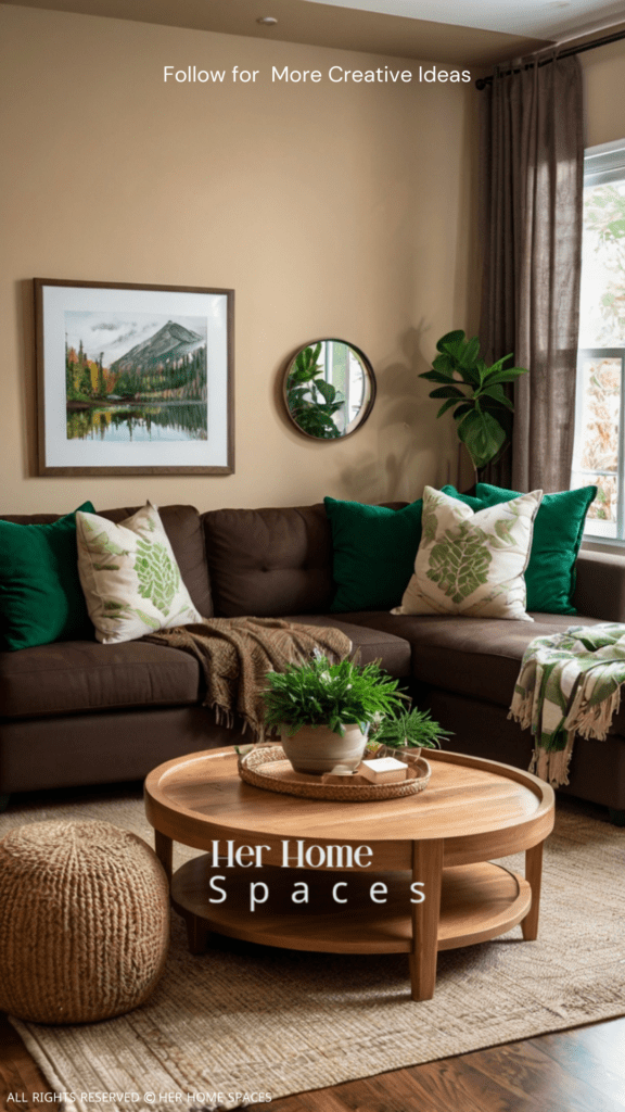 Visualize a cozy living room with beige walls, a chocolate brown sofa, green accents, and natural wood furniture.