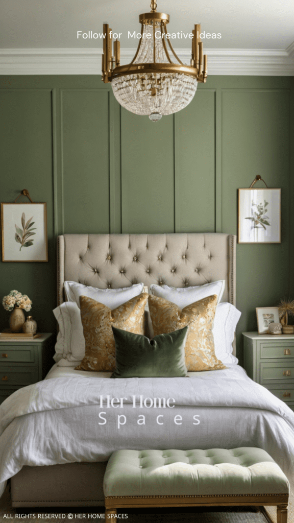 A bedroom with sage green walls, gold light fixtures, and a white linen bedspread for a fresh yet elegant look. Earthy Tones Color Theory