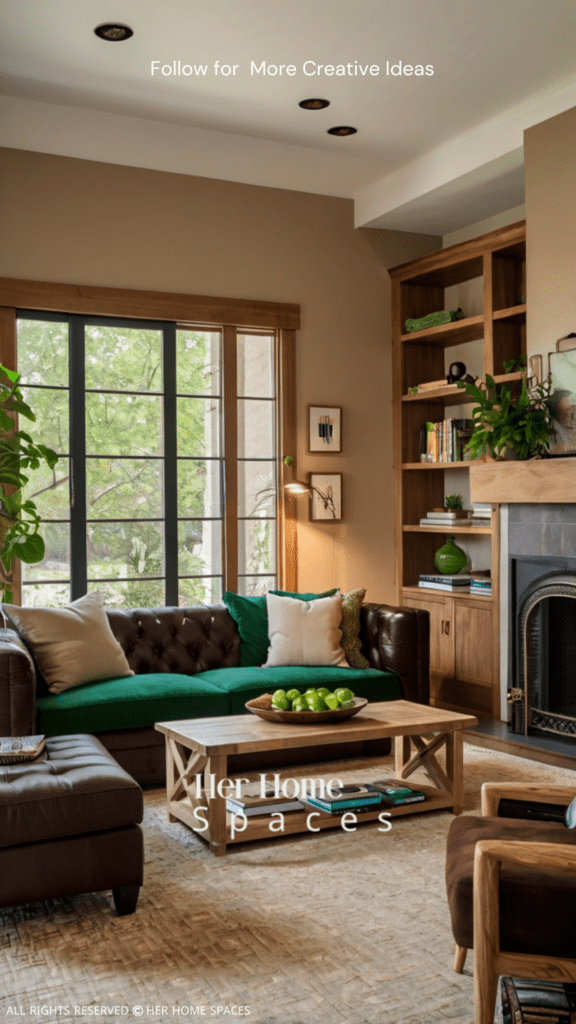 Visualize a cozy living room with beige walls, a chocolate brown sofa, green accents, and natural wood furniture. Earthy Tones Color Theory