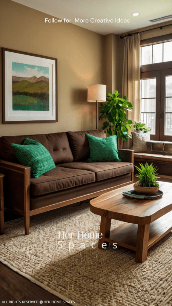 Visualize a cozy living room with beige walls, a chocolate brown sofa, green accents, and natural wood furniture.