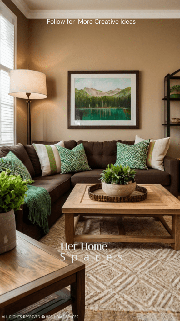 Visualize a cozy living room with beige walls, a chocolate brown sofa, green accents, and natural wood furniture. Earthy Tones Color Theory