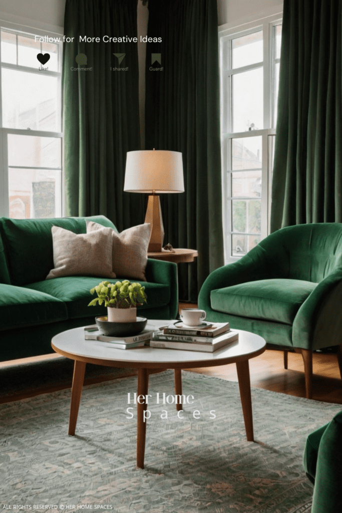  A cozy living room with thermal green curtains drawn, keeping the space warm and inviting.