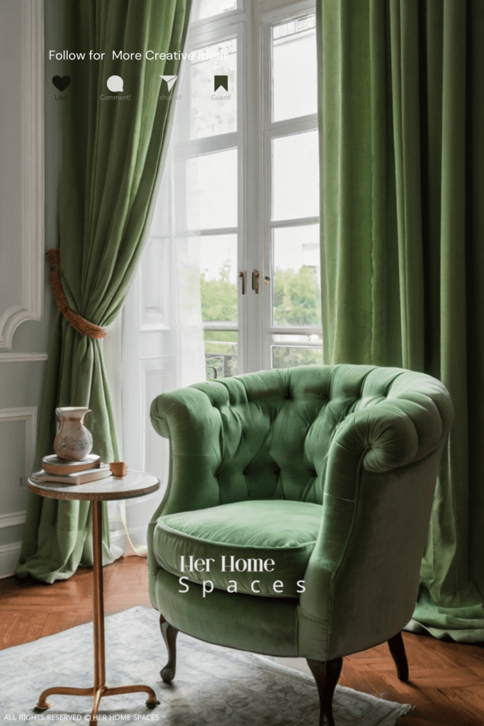  A living room with light green curtains, a cozy armchair, and a cup of tea on a small side table.