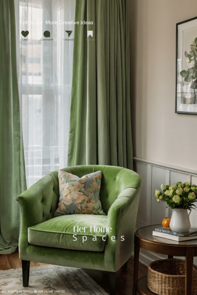  A living room with light green curtains, a cozy armchair, and a cup of tea on a small side table.