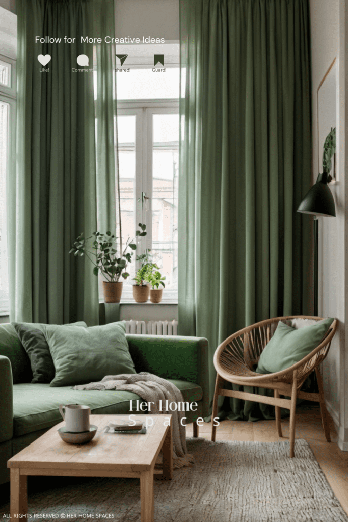 A Scandinavian-style living room with soft green curtains and light wood furniture, creating a minimalist yet cozy space.