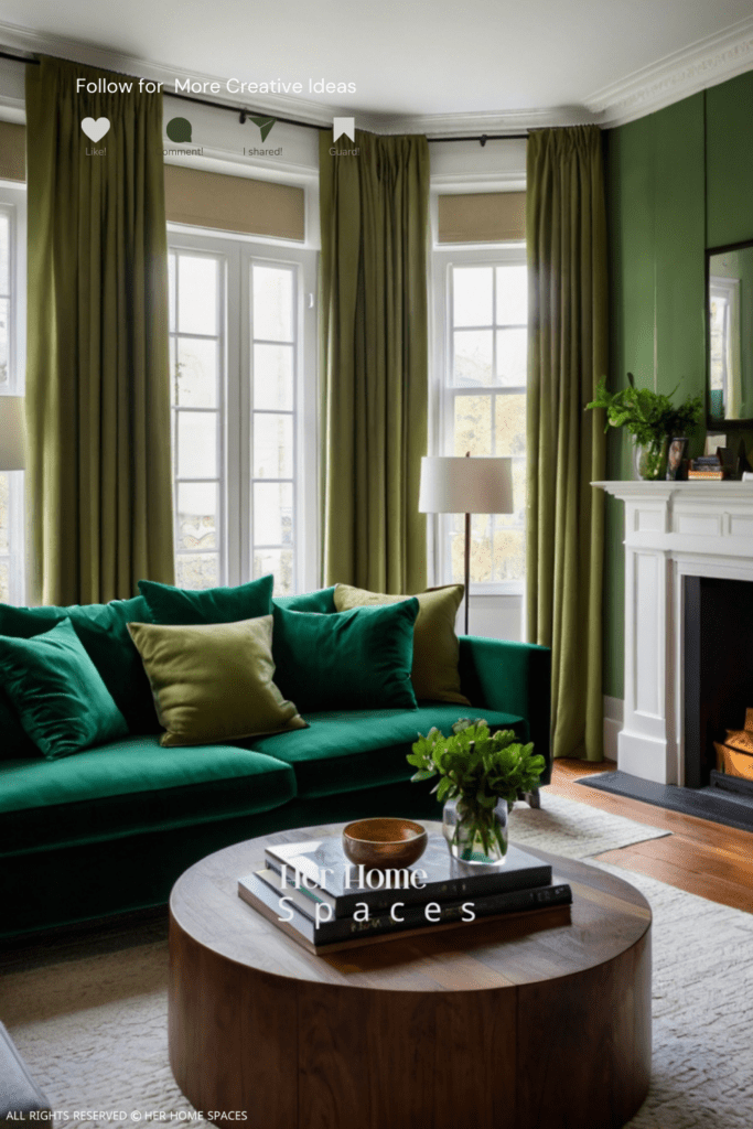  A cozy living room with thermal green curtains drawn, keeping the space warm and inviting.