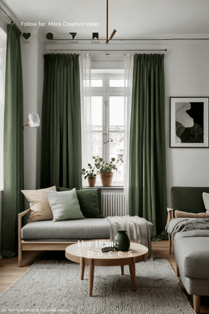 A Scandinavian-style living room with soft green curtains and light wood furniture, creating a minimalist yet cozy space.