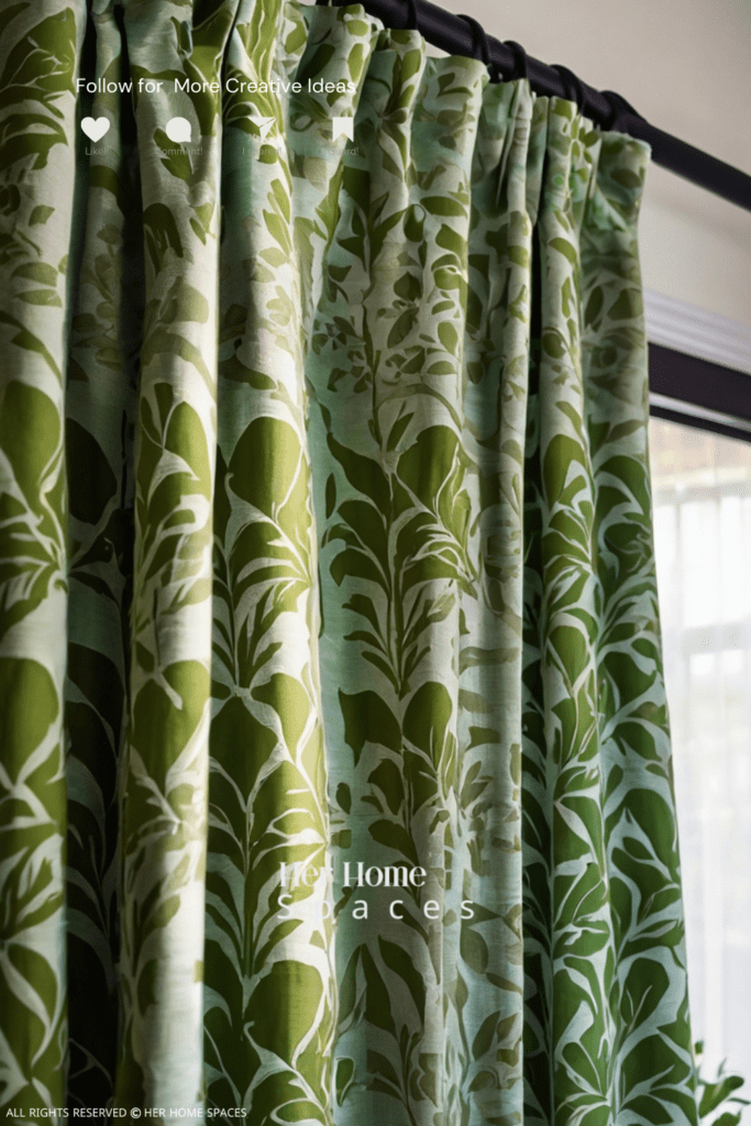  A close-up of green curtains made from organic cotton, hanging elegantly in a bright living room.