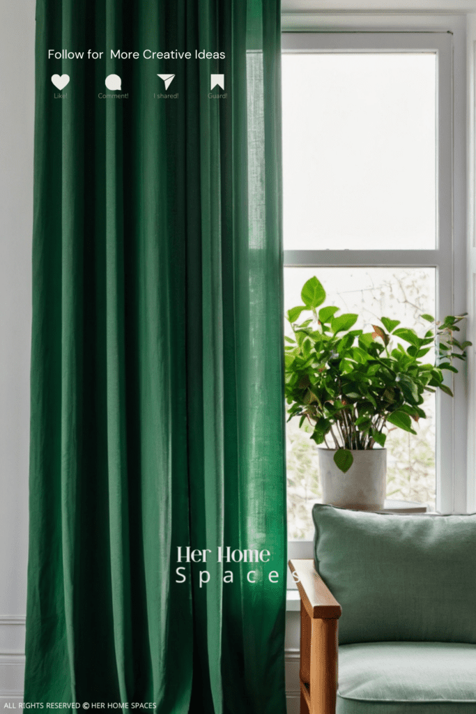  A close-up of green curtains made from organic cotton, hanging elegantly in a bright living room.