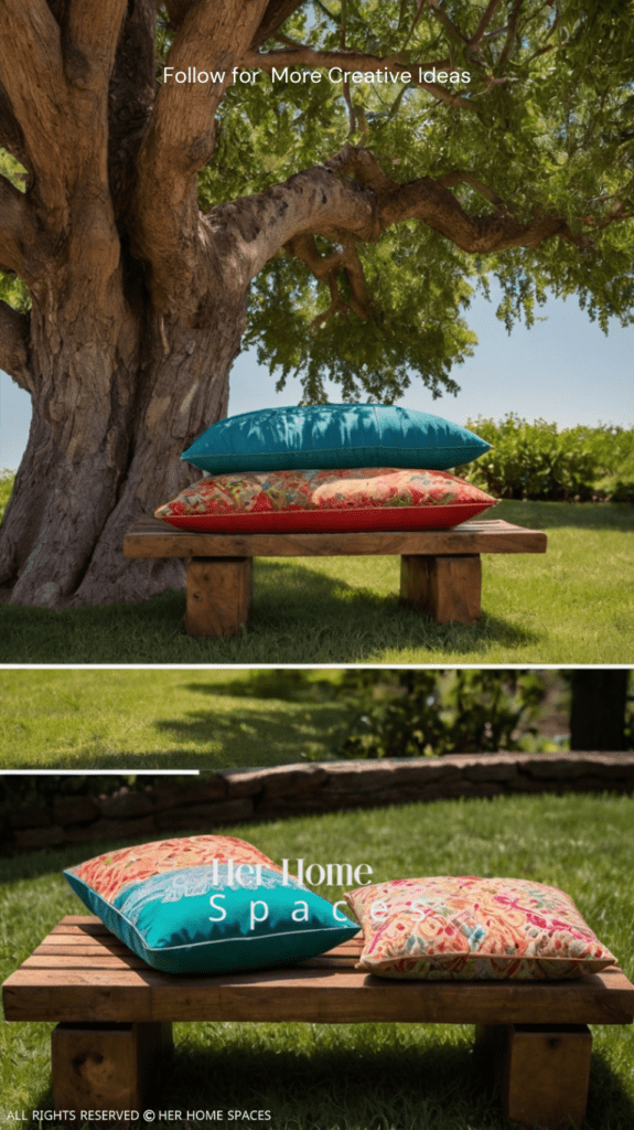 A rustic wooden bench with colorful cushions, placed under a shady tree.