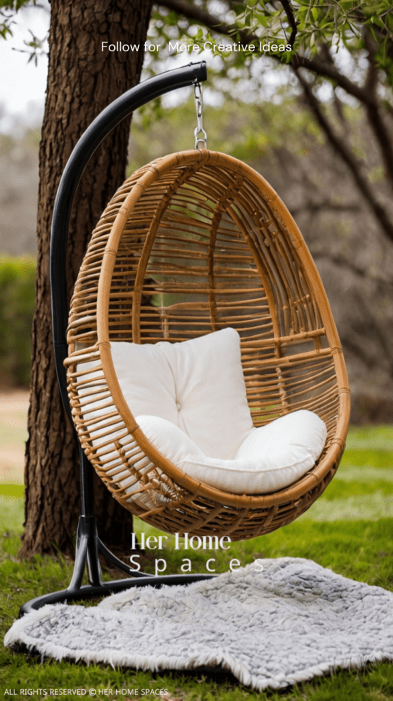  A hanging egg chair with a plush cushion and a throw blanket, suspended from a sturdy tree branch.