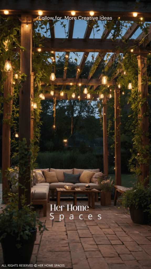  A pergola with integrated seating, draped with climbing plants and illuminated by string lights.