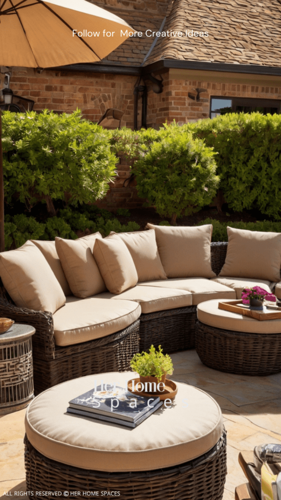 A wicker patio set with neutral cushions, arranged around a low coffee table on a sunny patio.