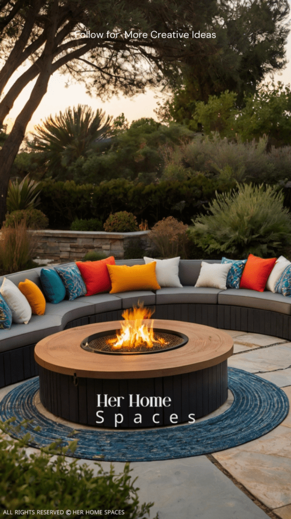 A modular outdoor sofa with bright cushions, arranged in a semi-circle around a fire pit.