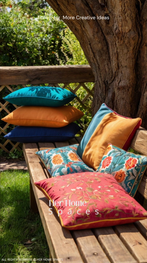 A rustic wooden bench with colorful cushions, placed under a shady tree.