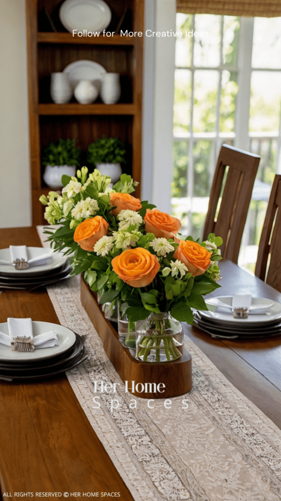  A teak dining table set with matching chairs, adorned with a simple table runner and a centerpiece of fresh flowers.