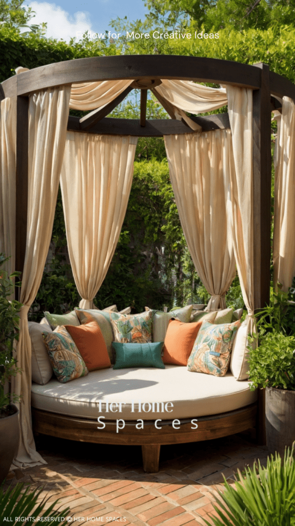  An outdoor daybed with a canopy and outdoor curtains, surrounded by lush greenery.