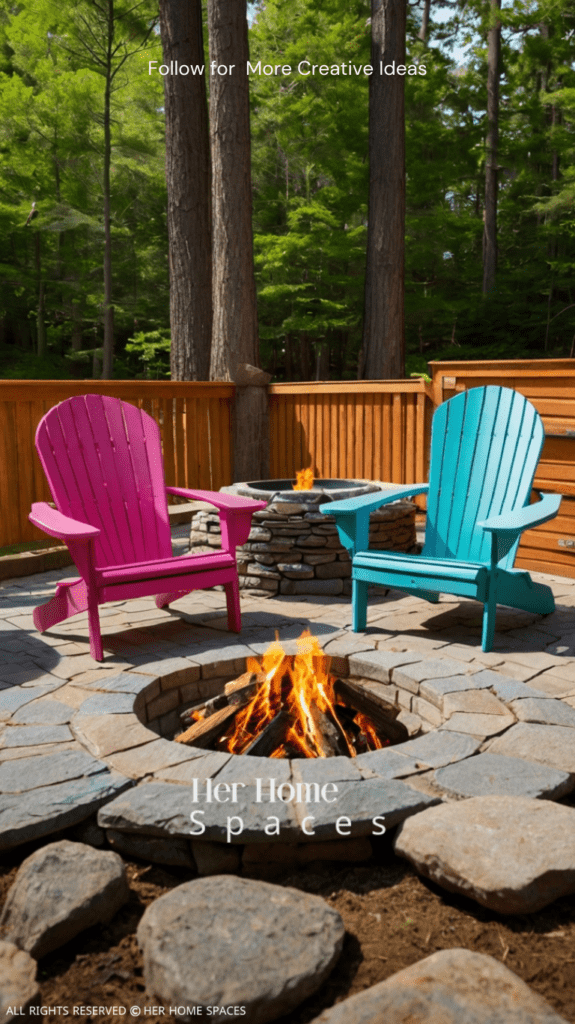 A group of brightly colored Adirondack chairs arranged around a fire pit, with a small side table nearby.