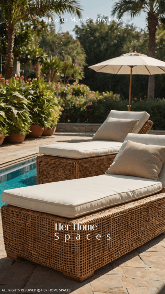  A rattan day lounger with a side table and a small umbrella, set up by a pool or in a sunny corner of the yard.