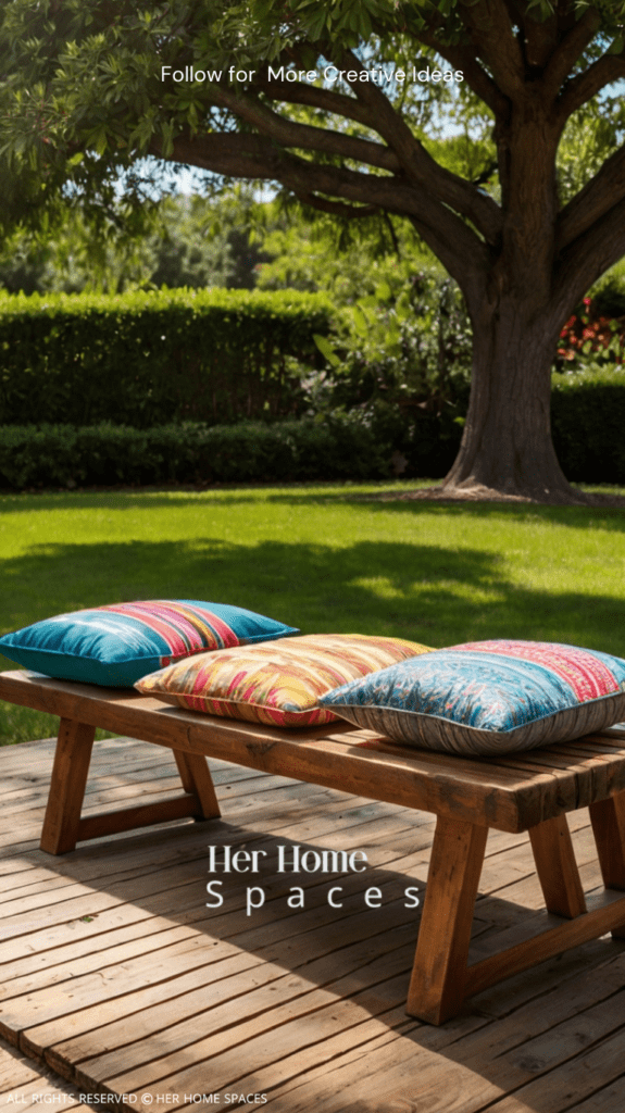 A rustic wooden bench with colorful cushions, placed under a shady tree.