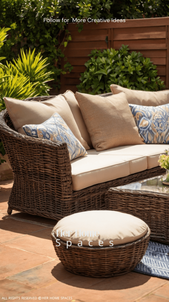 A wicker patio set with neutral cushions, arranged around a low coffee table on a sunny patio.