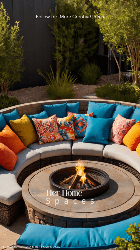 A modular outdoor sofa with bright cushions, arranged in a semi-circle around a fire pit.