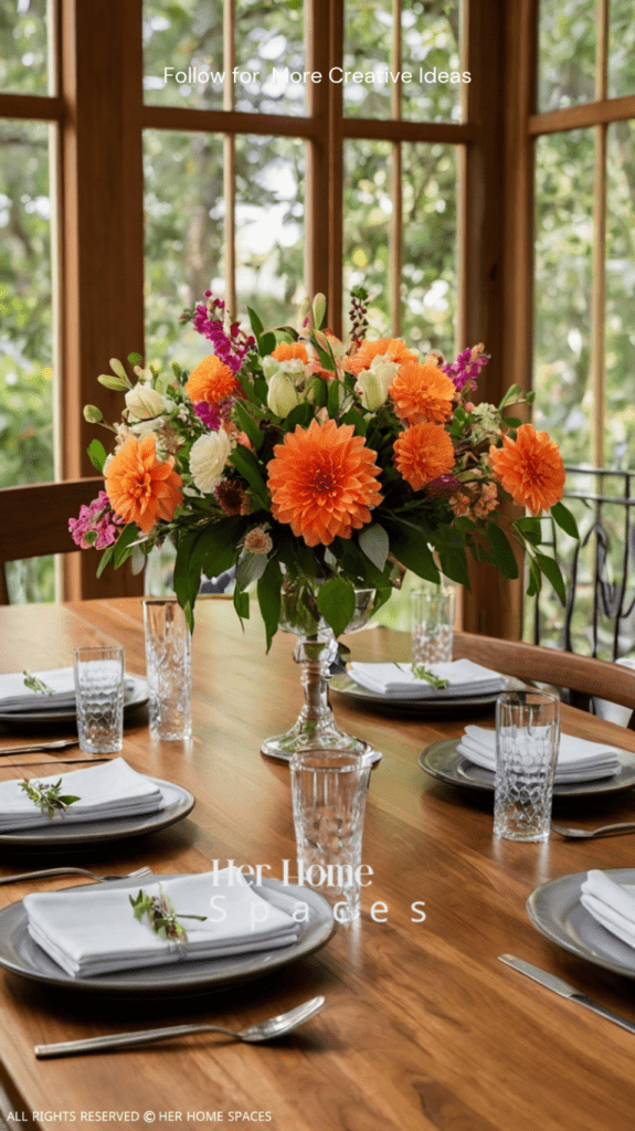  A teak dining table set with matching chairs, adorned with a simple table runner and a centerpiece of fresh flowers.