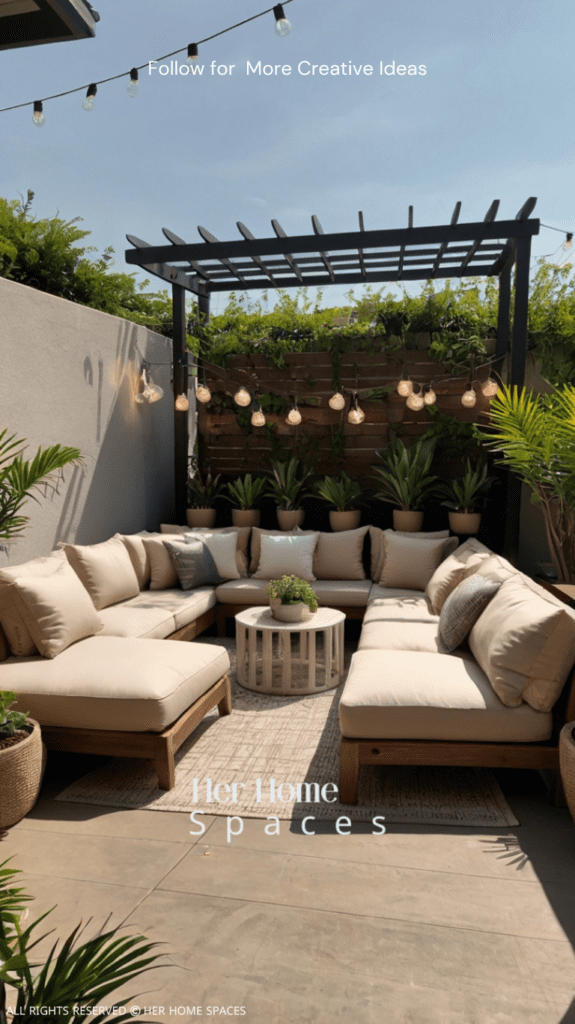 A minimalist outdoor lounge set with neutral cushions, surrounded by potted plants and subtle string lights.