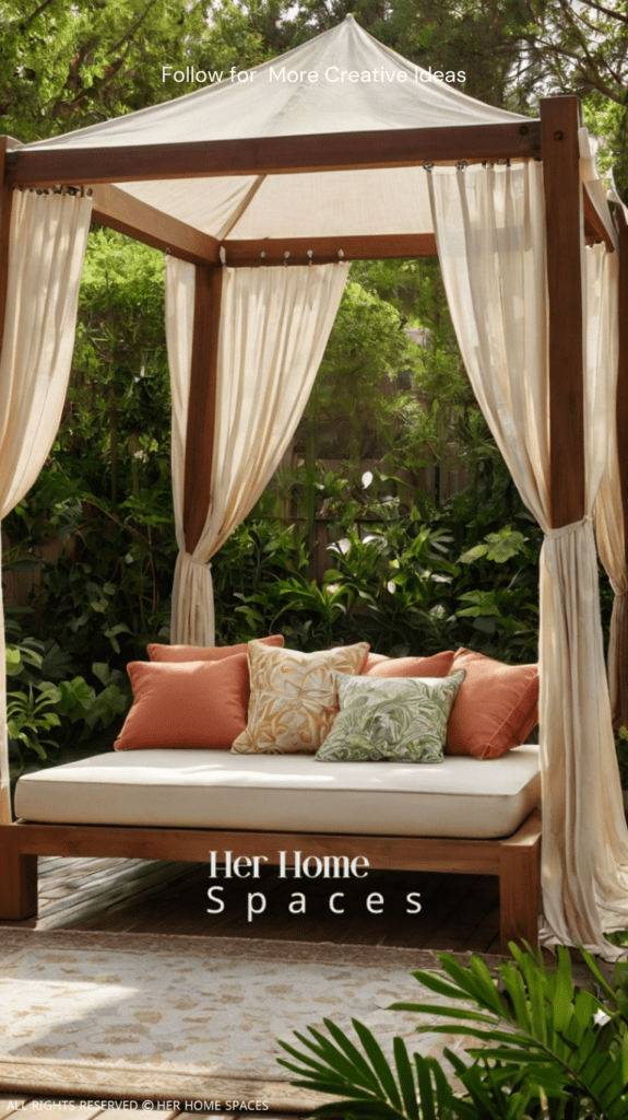  An outdoor daybed with a canopy and outdoor curtains, surrounded by lush greenery.