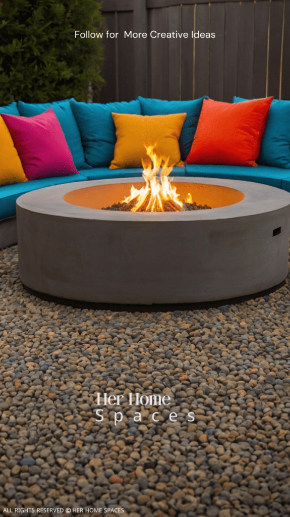 A concrete fire pit with built-in seating, adorned with colorful cushions and cozy throws.