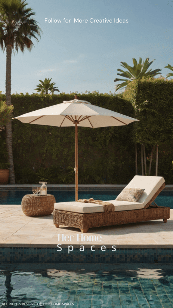  A rattan day lounger with a side table and a small umbrella, set up by a pool or in a sunny corner of the yard.