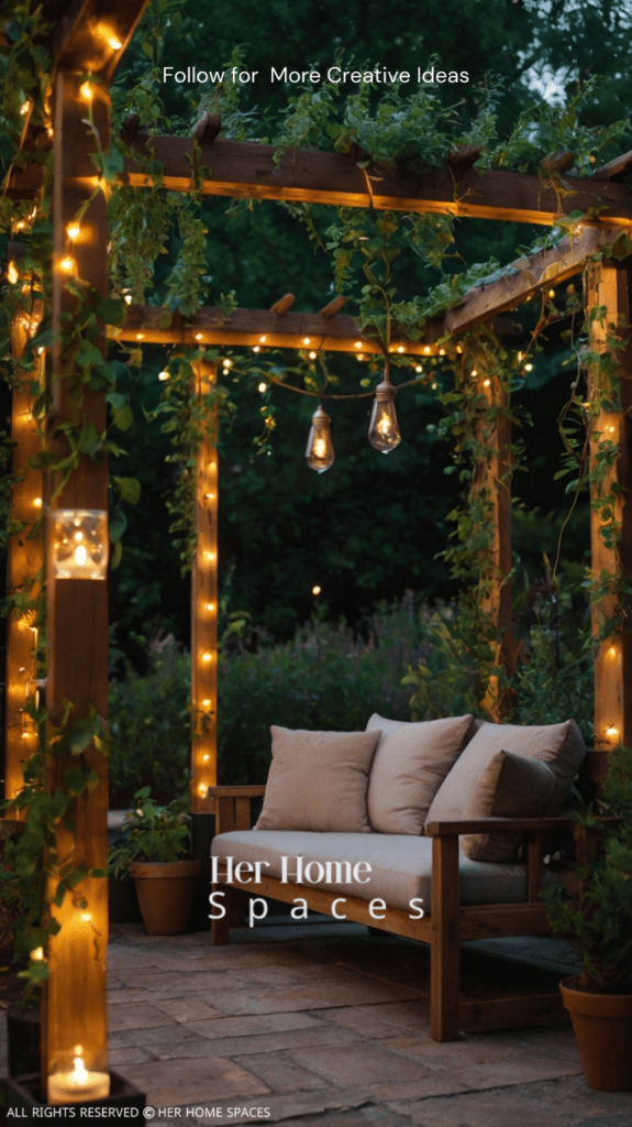  A pergola with integrated seating, draped with climbing plants and illuminated by string lights.