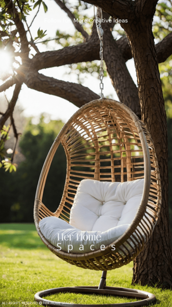  A hanging egg chair with a plush cushion and a throw blanket, suspended from a sturdy tree branch.