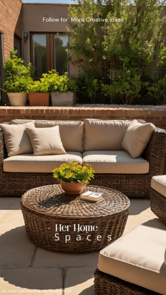 A wicker patio set with neutral cushions, arranged around a low coffee table on a sunny patio.