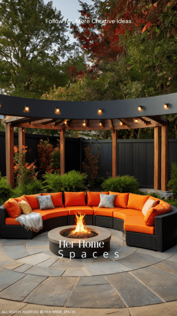 A modular outdoor sofa with bright cushions, arranged in a semi-circle around a fire pit.