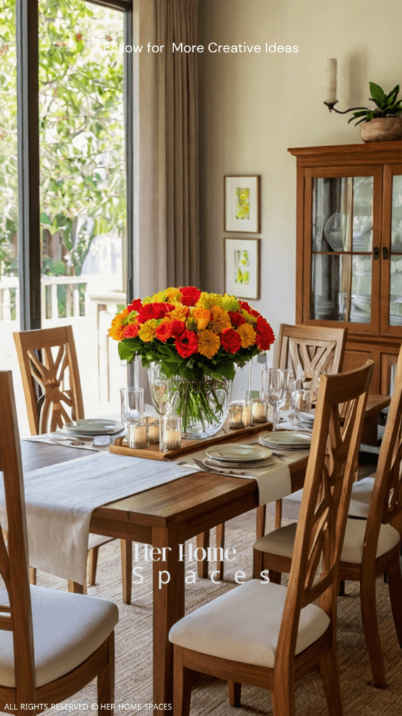  A teak dining table set with matching chairs, adorned with a simple table runner and a centerpiece of fresh flowers.