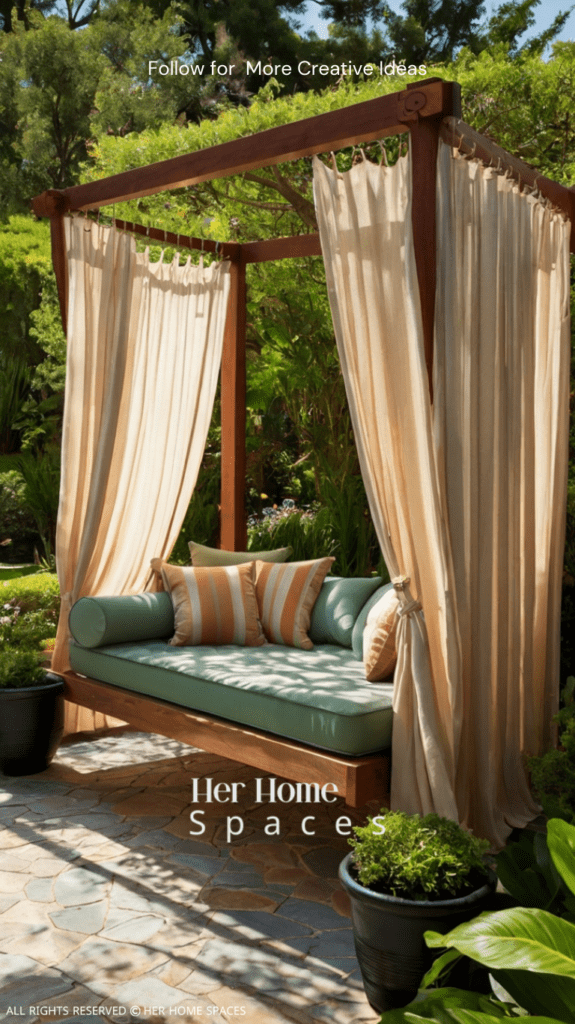  An outdoor daybed with a canopy and outdoor curtains, surrounded by lush greenery.