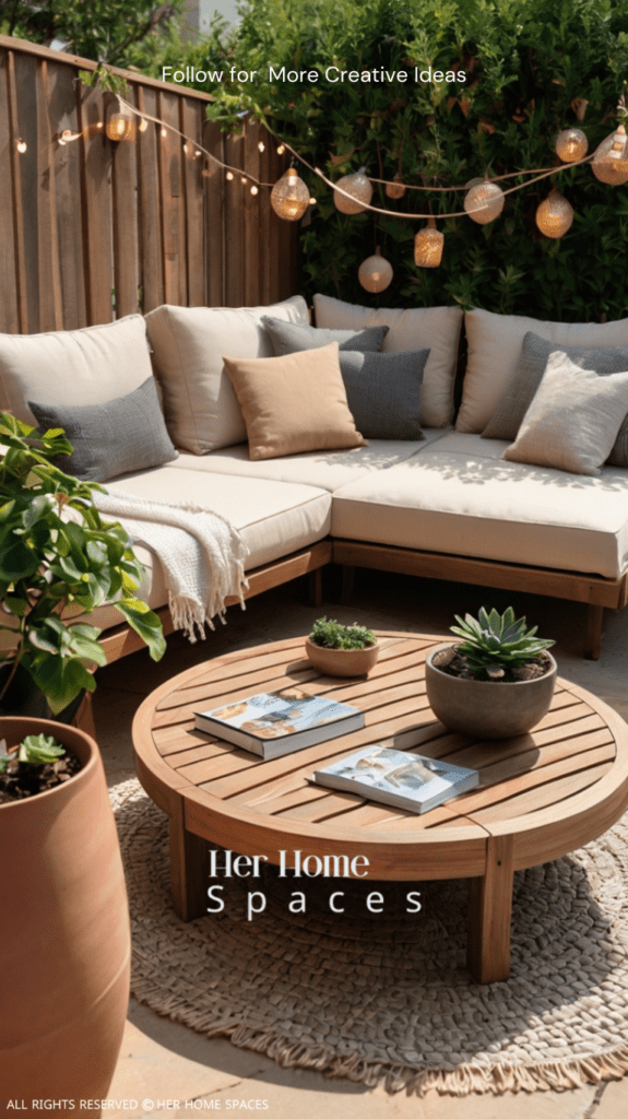 A minimalist outdoor lounge set with neutral cushions, surrounded by potted plants and subtle string lights.