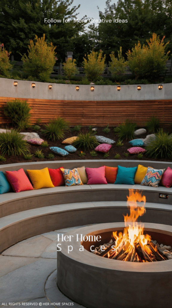 A concrete fire pit with built-in seating, adorned with colorful cushions and cozy throws.